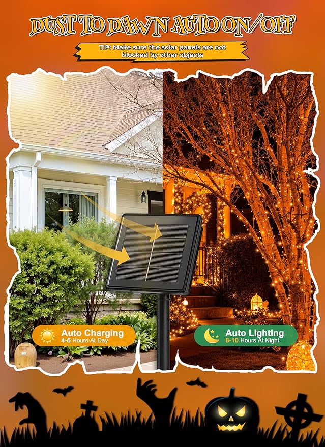 Brightown 4 Pack Solar Halloween Lights, Total 184FT 480 LED Solar String Lights Outdoor Waterproof Black Wire with 8 Modes, Solar Fairy Light for Garden Yard Patio Party Decors, Orange