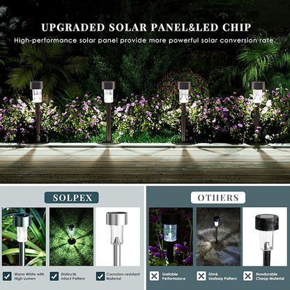SOLPEX 24 Pack Solar Outdoor Lights Pathway, Stainless Steel Solar Lights Outdoor Waterproof,LED Landscape Lighting Solar Walkway Lights for Landscape/Patio/Lawn/Yard/Driveway-Warm White
