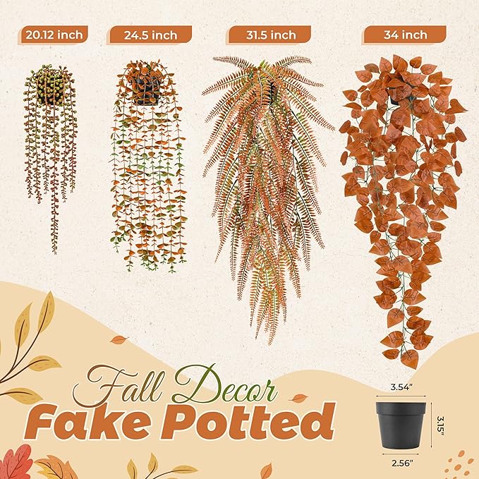 Der Rose 4Pcs Fake Fall Plants Hanging Orange Artificial Eucalyptus Plants, Boston Fern, Fake Potho, String of Pearls for Halloween Bathroom Table Centerpiece Wall Mantle Decor Indoor and Outdoor