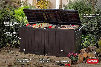 Keter Marvel Plus 71 Gallon Resin Outdoor Storage Box for Patio, Balcony & Garden – Weather‑Resistant Deck Box for Cushions, Pillows, Pool Floats & Tools, Brown