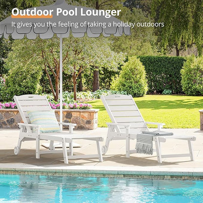 LUE BONA Chaise Lounge Chair with Table, 6-Piece, HDPS Chaise Lounger, 5 Positions Adjustable Lounge Chairs, Pool Lounge Chair with Wheels for Poolside, Backyard, White