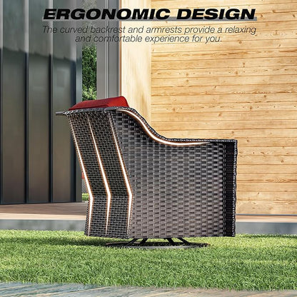 Joyside Wicker Patio Furniture Sets, 6 Pieces Upgraded Large Size Outdoor Furniture with 4 Swivel Rocking Patio Chairs, 3-Seat Sofa, Fire Table,Thick Cushions, Wide Armrest, Red