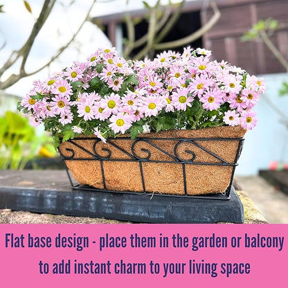 LaLaGreen Wall Planters for Outdoor Plants (2 Pack, 16 Inch) Window Flower Boxes Basket Attach to House, Deck Railing Strawberry Planters with Coco Liners BalconyTroughs Fence Patio Porch Over Rail