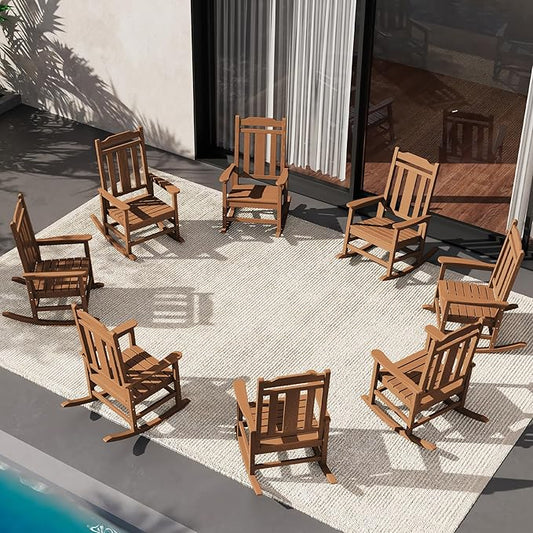 SERWALL Outdoor Rocking Chair Brown Set of 8, All Weather Patio Rocking Chair, HDPE Poly Rocking Chair for Adults, Heavy Duty Front Porch Rocker