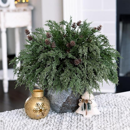 Faux Cedar Stems Artificial Norfolk Pine Branches for Christmas Decor, 12 PCS Fake Pine Stems with 2 PCS Pine Cones Branches Real Touch Realistic Faux Greenery for Vases DIY Garland Xmas Table Indoor