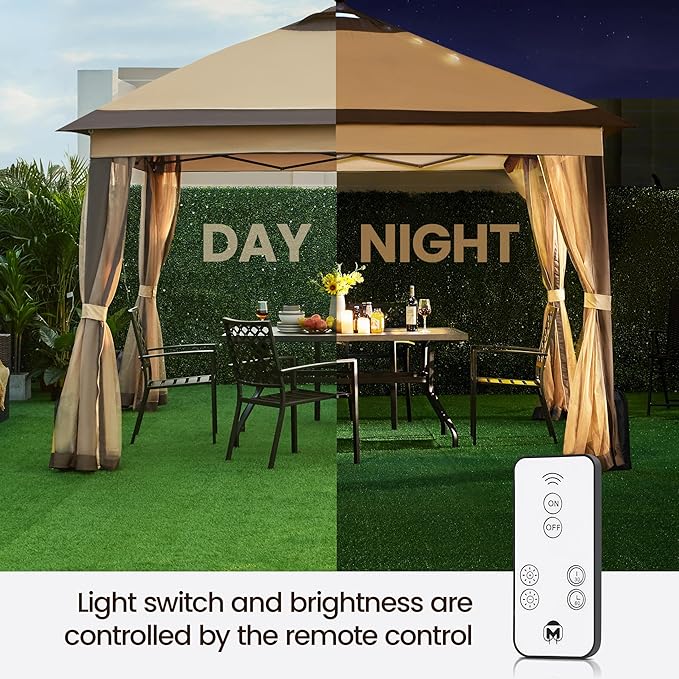 Yaheetech 11'x11' Pop Up Gazebo Instant Tent with 17 Solar LED Lights & Zippered Mesh Netting, Outdoor Shelter Sun Shade Gazebo with Sandbags for Backyard Garden Patio, Khaki & Brown