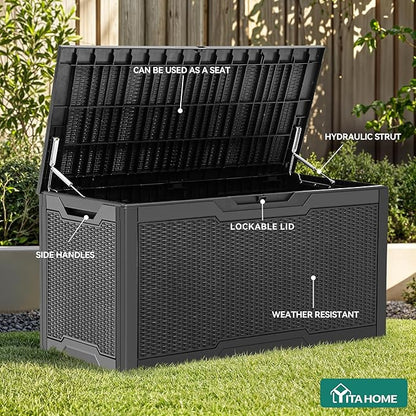 YITAHOME 100 Gallon Resin Deck Box, Weather Resistant Outdoor Storage Box, Lockable Indoor Outdoor Storage for Supplies and Essentials, Black