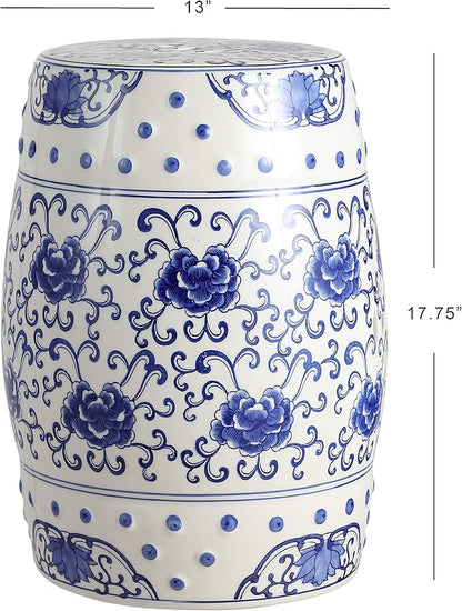 JONATHAN Y TBL1000A Lotus Flower 17.8" Chinoiserie Ceramic Drum Indoor/Outdoor Garden Stool Bohemian, Coastal, Classic, Cottage, French Country, Traditional, Bathroom, Garden Room, Patio, Blue/White