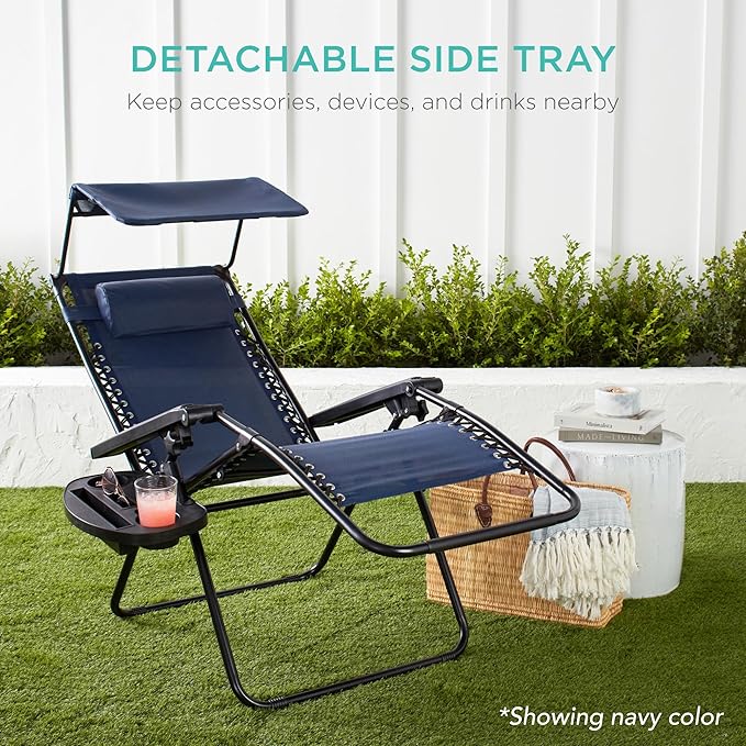 Best Choice Products Folding Zero Gravity Outdoor Recliner Patio Lounge Chair w/Adjustable Canopy Shade, Headrest, Side Accessory Tray, Textilene Mesh - Dusty Blue