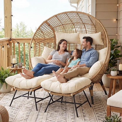 NICESOUL Indoor Outdoor Double Egg Chair with Ottoman Padded Cushions, 57.1" Plus Size XL Wicker Lounge Chair Deep Seating with Footrests, 2 Person Loveseat for Patio Porch Balcony Cream Beige