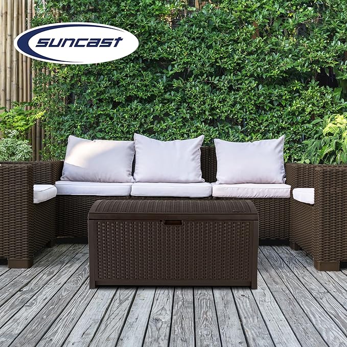 Suncast Outdoor Storage Box - 73 Gallon Mocha Brown Deck Box for Patio, Waterproof Outdoor Storage Bench, Resin Wicker Style, Heavy-Duty, Lockable Lid for Cushions, Shoes, Pool & Garden Gear
