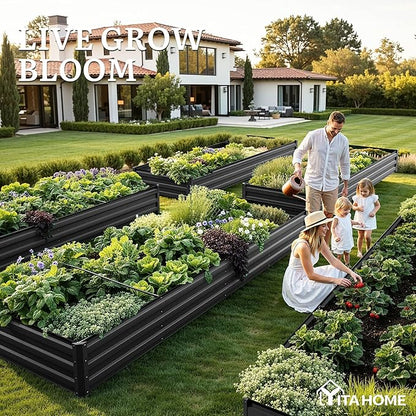 YITAHOME 12x4x1ft Large Raised Garden Bed Kit, Galvanized Metal Planter Box with Gloves, Ground Nails, Support Rod, Outdoor Above Ground Planters for Plants Vegetables Flowers, Black