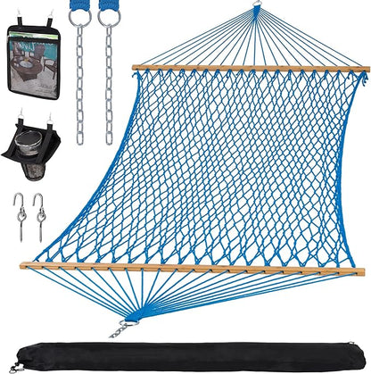 SUNCREAT Polyester Rope Hammock with Bamboo Spreader Bar, Carrying Bag, 450 lbs Capacity, Two Person Hammock with Tree Hooks, Blue