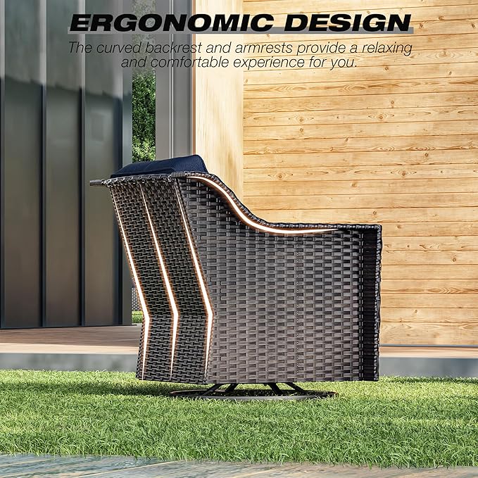 Joyside Wicker Patio Furniture Sets, 5 Pieces Upgraded Large Size Outdoor Furniture with Swivel Rocking Patio Chairs, 3-Seat Sofa, Fire Table, Coffee Table, Thick Cushions, Wide Armrest, Blue