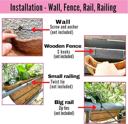 LaLaGreen Large Wall Planter Outdoor - 2 Pack, 14 Inch Large Fence Hanging Flower Baskets with Coco Liner, Herb Pots Holder Rail Planter Outside Railing Deck Porch Balcony Vertical Garden Privacy Wall