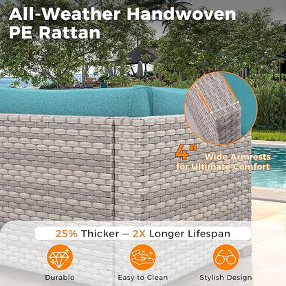 10-Seat Modern Patio Furniture Set with Swivel Rocking Chairs, Thick 4″ Cushions, Dual-Strand Wicker Rattan, Rust-Resistant Steel Frame – Outdoor Conversation & Modular Sectional,Blue