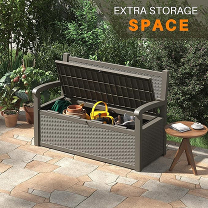 80 Gallon Outdoor Storage Box, Resin Patio Furniture with Armrest, Lockable Deck Box with Waterproof and UV Resistant for Patio Cushions, Garden Tools and Pool Supplies, Grey