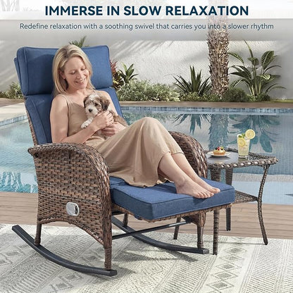 3 Pieces Zero Gravity Wicker Patio Rocking Recliner Chairs Set of 2 - Wicker Outdoor Lounge Chair with Side Table, Adjustable Backrest & Footrest, High Back Outdoor Recliner Chair for Pool Deck Blue