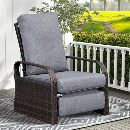 ATR ART TO REAL Outdoor Wicker Recliner Chair with 5.5'' Cushions, Automatic Adjustable Patio Chaise Lounge Chairs, Aluminum Frame Reclining Chair, UV Resistant, Rustless (Grey)