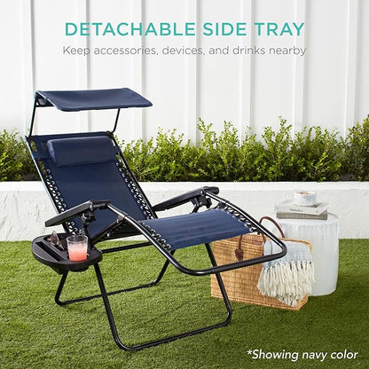 Best Choice Products Folding Zero Gravity Outdoor Recliner Patio Lounge Chair w/Adjustable Canopy Shade, Headrest, Side Accessory Tray, Textilene Mesh - Burnt Orange