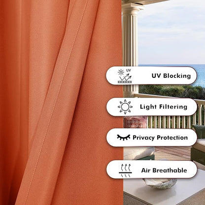 BONZER Waterproof Outdoor Curtains for Patio Porch Pergola Cabana Light Filtering Privacy Grommet Indoor Curtain Panels for Bedroom Living Room, 1 Panel, 84W x 120L inch, Mecca Orange