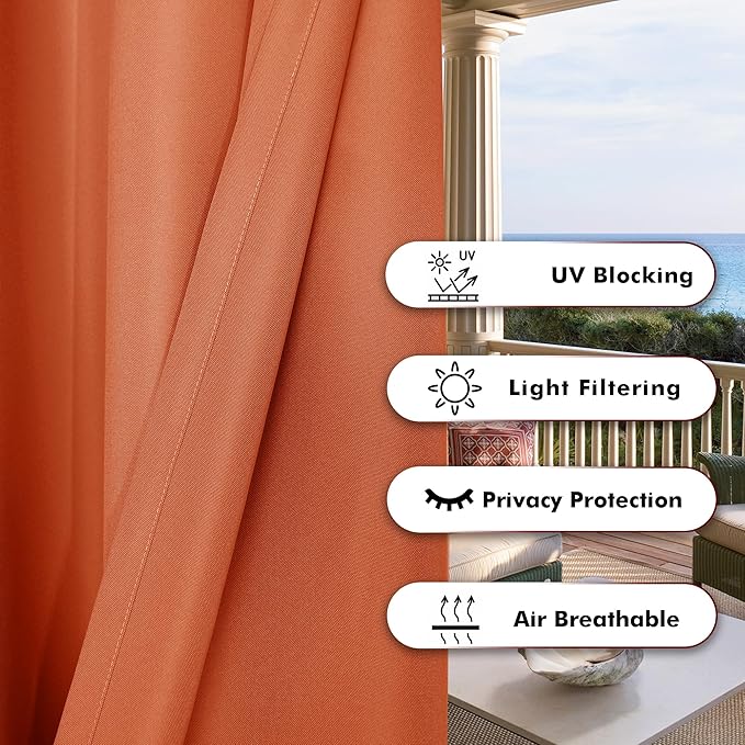 BONZER Waterproof Outdoor Curtains for Patio Porch Pergola Cabana Thick Privacy Wide Grommet Indoor Curtains for Bedroom Living Room, 1 Panel, 110W x 84L inch, Mecca Orange