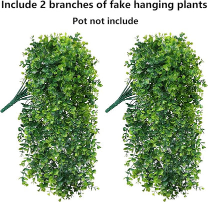 Faux Outdoor Plants Fake Hanging Plants for Outdoors Outside Decorations, 2 Pcs White Faux Eucalyptus Vines Realistic UV Resistant Artificial Greenery for Planters Porch Garden Yard Front Door Patio