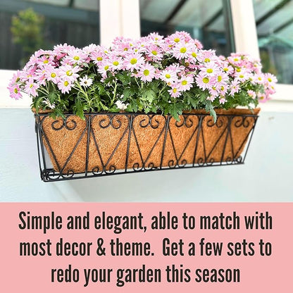 LaLaGreen Wall Hanging Planter - 4 Pack, 24 Inch Large Black Window Flower Basket Boxes Outdoor Attach House, Rectangular Deck Railing Hanging Pot with Coco Liner Over Rail Fence Balcony Patio Porch