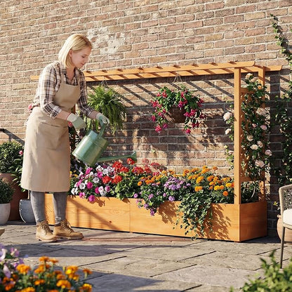 Giantex 2 Pcs Raised Garden Bed with Trellis & Hanging Roof, Wood Planter Box with Bottom & Drainage Holes, Freestanding Garden Planter for Flower Fruit Vegetable Herb Climbing Vine (77"x14.5"x45")