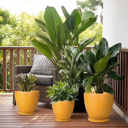 Ceramic Plant Pot - 8 Inch Planter for Indoor Outdoor Plants, Round Flower Pots with Drainage and Tray, Home Office Decor, Orange