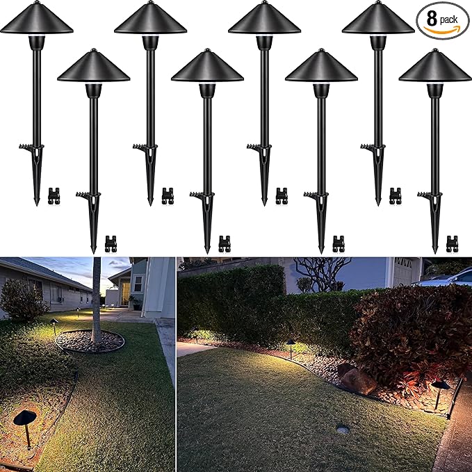 SUNVIE 8-Pack Low Voltage Landscape Pathway Lights 12-24V 3W LED Landscape Lighting 3000K Outdoor Pathway Lighting IP65 Waterproof Aluminum Wired Path Lights for Yard Garden Walkway, ETL Listed Cord