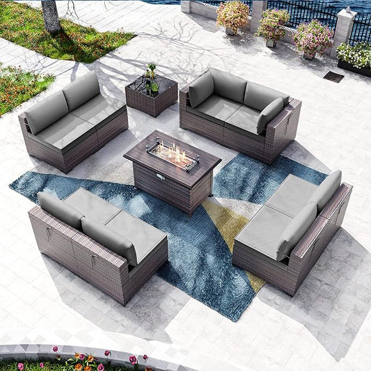 Kullavik 10 Pieces Outdoor Patio Furniture Set with 43" 55000BTU Gas Propane Fire Pit Table PE Wicker Rattan Sectional Sofa Patio Conversation Sets,Grey