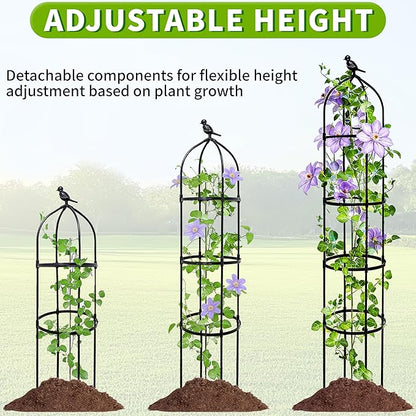 4-Pack 6FT Garden Obelisk Trellis for Climbing Plants,Adjustable 4-Tier Metal Plant Support,Rustproof Outdoor Plant Tower with 3 Decorative Tops for Roses,Tomatoes,Clematis & Vines,Black