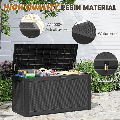 Outdoor Storage Box, Resin Deck Boxes Indoor and outdoor, Waterproof Storage Box Lockable Lid (Black,100 Gallon)