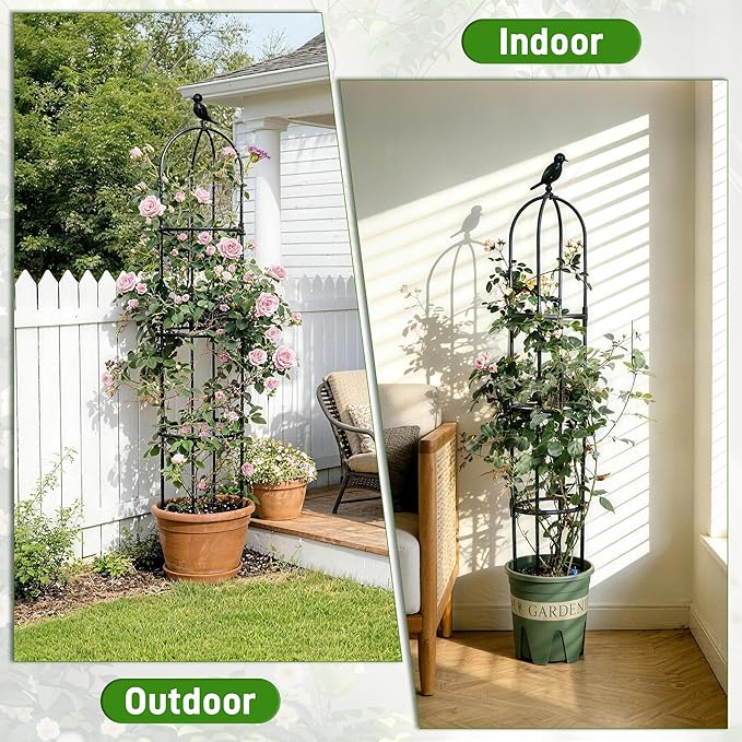 6ft Garden Obelisk Trellis for Climbing Plants-Rustproof Metal Pipe with Heavy Duty Plastic Coated, Garden Outdoor Indoor Potted Plant Support for Clematis Vine Jasmine Support （Black）