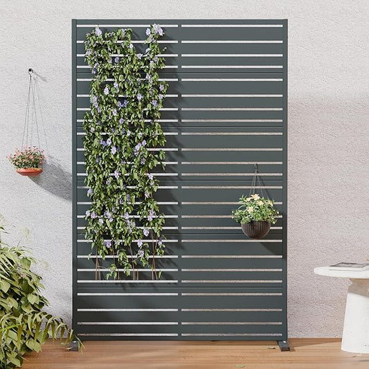 Casaphoria Metal Privacy Screen Outdoor, 72" H x 47" W Freestanding Decorative Privacy Screen for Patio Deck Balcony Garden with Stable Base, Grey-Benjamin
