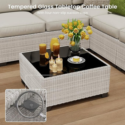 8 Piece Outdoor Patio Furniture Set, Outdoor Sectional Furniture, Rattan & Wicker Modern Modular Conversation Set Sofa Couch W/Water Resistant Washable Thick Cushions and Coffee Table, Beige