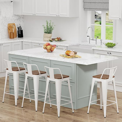 Yongchuang 30 inch Metal Bar Stools Set of 4 Bar Height Barstools with Wood Seat Low Back Kitchen Bar Chairs Cream White