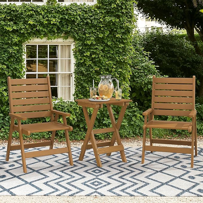 LUE BONA 27 inch Folding Side Table, HDPS Outside End Table for Patio, Porch, Deck, Pool, Weather Resistant, Teak Color Oil Printed