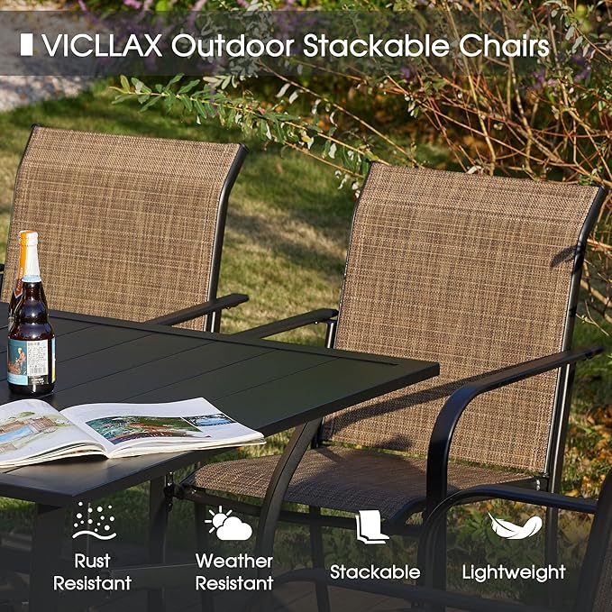 VICLLAX Patio Table and Chair Set of 8, All Weather Metal Round Outdoor Dining Furniture Set-53 Round Outdoor Table and Chairs, Walnut Wood Grain Tabletop