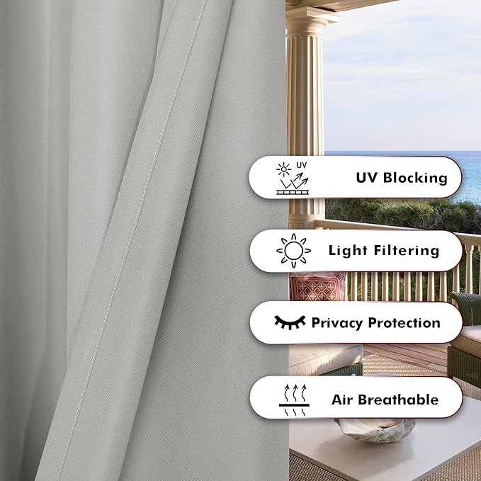 BONZER Waterproof Outdoor Curtains for Patio Porch Pergola Cabana Light Filtering Privacy Grommet Indoor Curtain Panels for Bedroom Living Room, 1 Panel, 84W x 108L inch, Silver