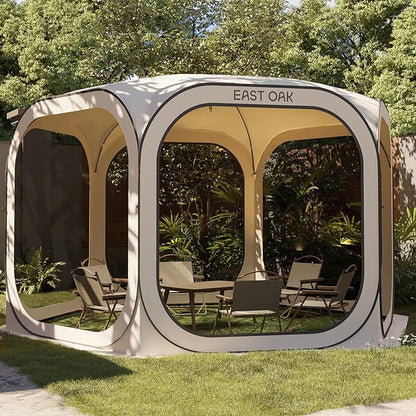 East Oak Screen House Tent Pop-Up, Portable Screen Room Canopy Instant Screen Tent 12 x 12 FT with Carry Bag for Patio, Backyard, Deck & Outdoor Activities, Beige