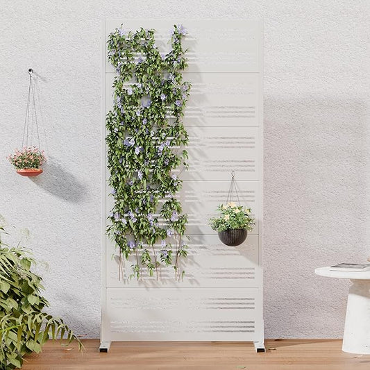 Casaphoria Metal Privacy Screen Outdoor, 72" H x 35" W Freestanding Decorative Privacy Screen for Patio Deck Balcony Garden with Stable Base, White-Benjamin