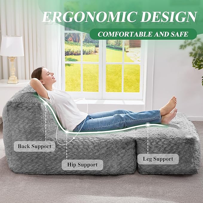 Hobestluk Bean Bag Chair Big Bean Bag Lounger for Adults Bean Bag Couch with Memory Foam Filled for Living Room, Bedroom or Balcony (Chevron Plush Grey)