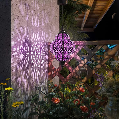 Hanging Solar Lights Outdoor Garden Decor Solar Lantern Waterproof Plastic Moroccan Outdoor Decorations for Patio Pathway Yard Backyard Garden Decorative (2, Purple)