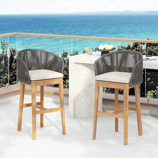 Christopher Knight Home Zax Set of 2 Patio Barstool, Acacia Wood & Rope Outdoor Counter Stool with Backrest/Footrest, Barstool Chairs with Cushion Seating for Backyard Balcony Garden, Beige+Gray+Teak