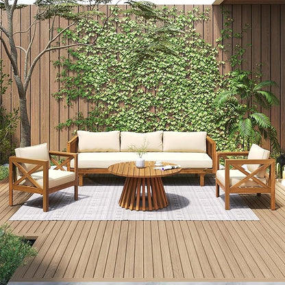 Merax Outdoor 4-Piece Acacia Wood Conversation Set - Patio 3-Seat Loveseat Sofa w/Coushion, 2 Armchair and Round Coffee Table for Backyard, Lawn, Balcony, Teak + Beige