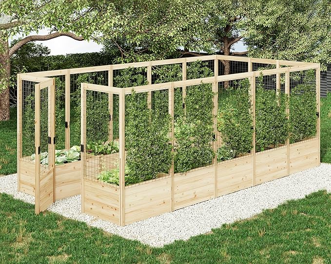 AMERLIFE U-Shaped Raised Garden Bed with Deer Proof Fence, 7.5Wx15Dx6H Outdoor Wooden Raised Garden Bed Planter with 19" Depth Planter Box