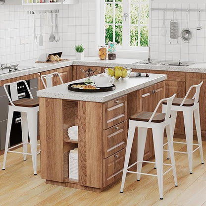 WENTMENT Metal Bar Stools Set of 4 Counter Height Bar Stools Barstools with Removable Back 24" Kitchen Bar Stools with Wooden Seat,Off White
