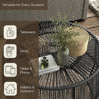 Furniture of America Ysar Boho Rattan Round Coffee Table Outdoor with Metal Frame, All-Weather and Rust Resistant, Handcrafted Coastal Furniture for Patio, Poolside, Garden, Yard, Black